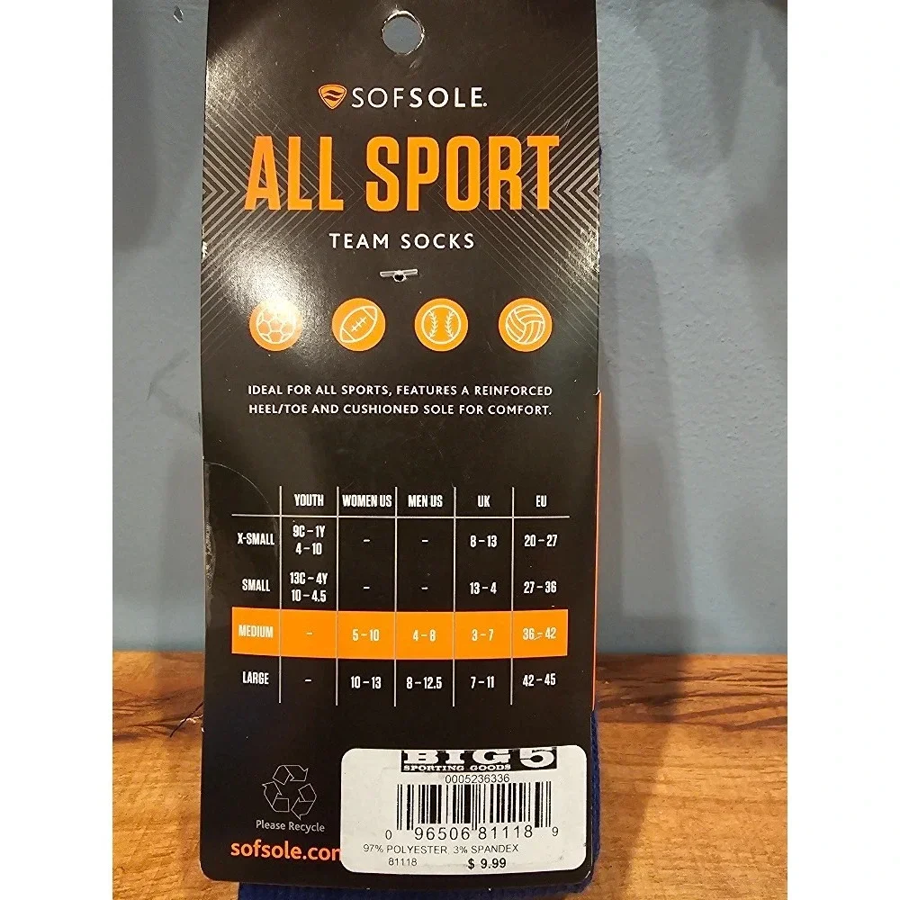 Sof Sole All-Sport Adult Medium Team Socks - 2 Pack, Royal Blue, Medium